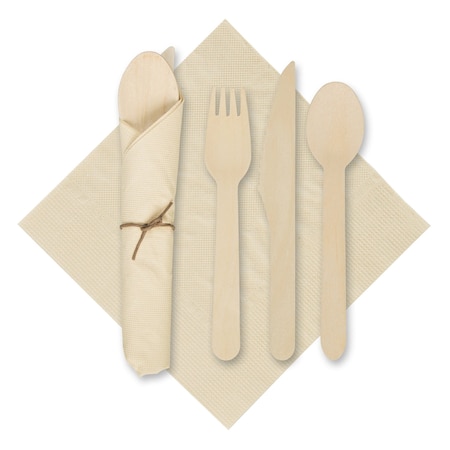 Hoffmaster 6" x 6" CaterWrap Pre-Rolled Kraft Napkins with Wood Cutlery PK 100 120030
